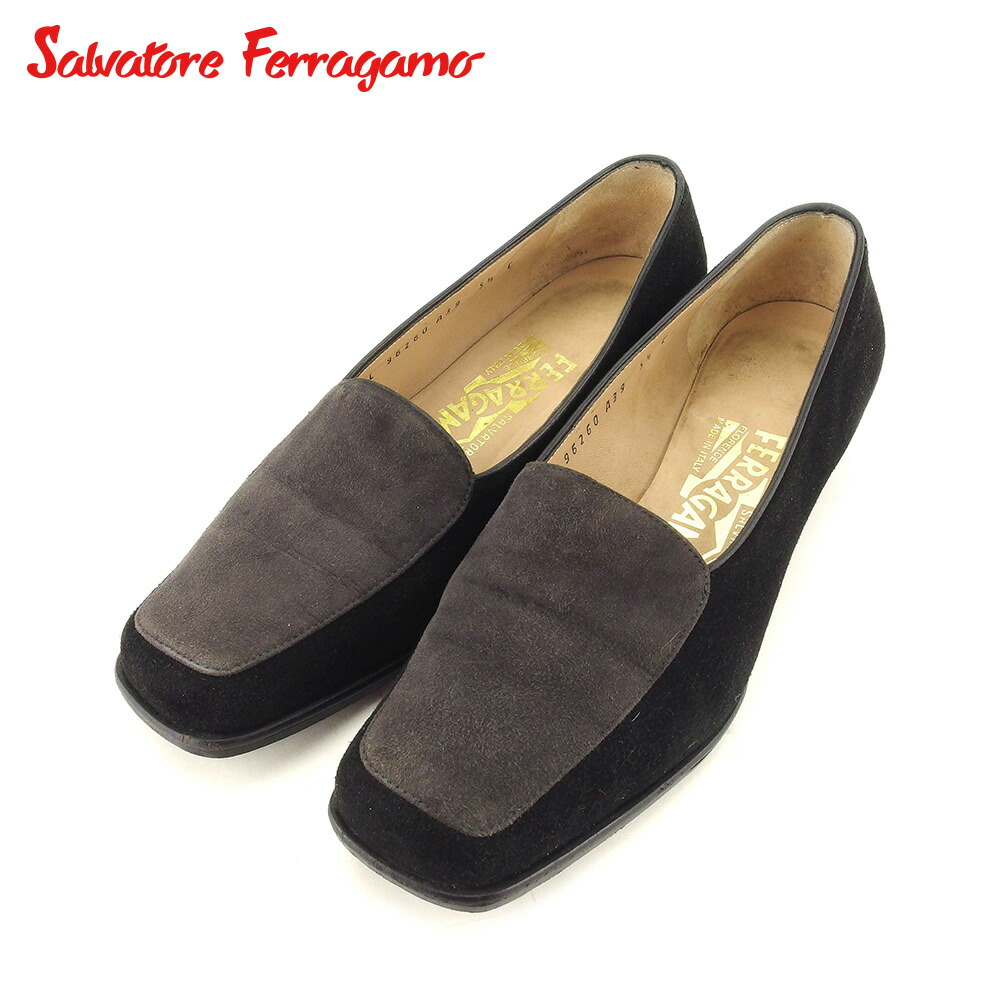 【Fashion Special Fair★24％OFFクーポン】サルヴァトーレフェラガモ Salvatore Ferragamo パンプス バイカラー ♯5ハーフC スクエアトゥ ブラック グレー 灰色 メンズ 中古 ブランド ハイブランド ヴィンテージ