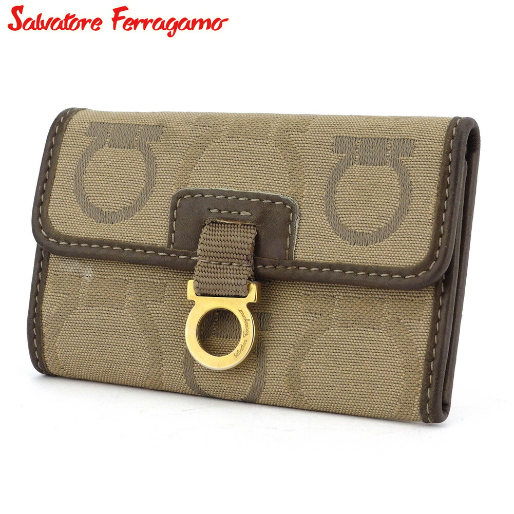 【お買い物マラソン★30％OFFクーポン】サルヴァトーレフェラガモ Salvatore Ferragamo キーケース ガンチーニ ベージュ グレー 灰色 ブラウン ゴールド メンズ 中古 ブランド ハイブランド ヴィンテージ