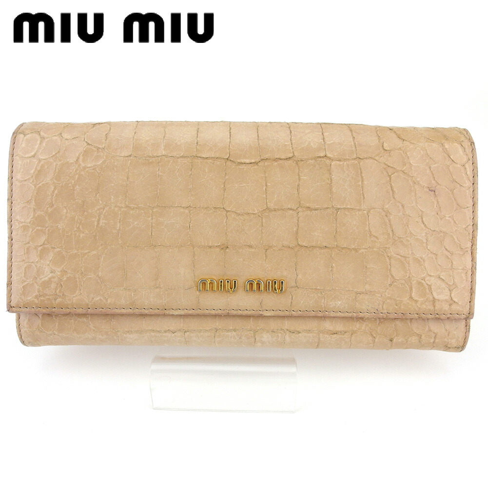 【お買い物マラソン★30%OFFクーポン】ミュウミュウ MIUMIU 長財布 クロコ調 ピンク ベージュ ゴールド メンズ 中古 ブランド ハイブランド ヴィンテージ|ブランドデポ