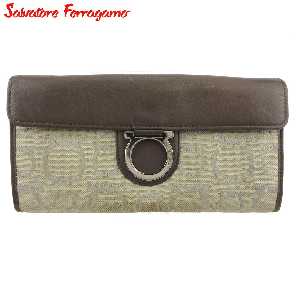 【お買い物マラソン★30％OFFクーポン】サルヴァトーレフェラガモ Salvatore Ferragamo 長財布 ガンチーニ ベージュ ブラウン シルバー レディース 中古 ブランド ハイブランド ヴィンテージ