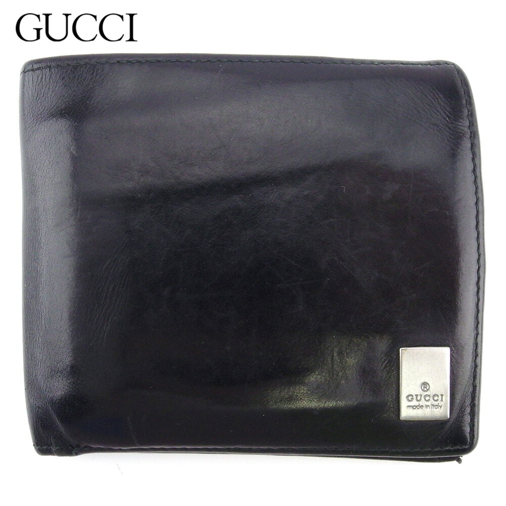 【お買い物マラソン★30％OFFクーポン】グッチ GUCCI 二つ折り財布 ロゴプレート ブラック シルバー レディース 中古 ブランド ハイブランド ヴィンテージ