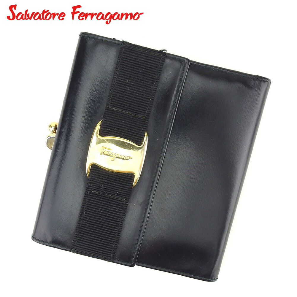 【Fashion Special Fair★28％OFF引き換え証】サルヴァトーレフェラガモ Salvatore Ferragamo 三つ折り札入れ ヴァラ 黒いこと ゴールド メンズ 中古 ブランド名 ご機嫌ブランド名 ヴィンテージ バッグ・小物・ブランド雑貨-レディース財布-財布・ケース