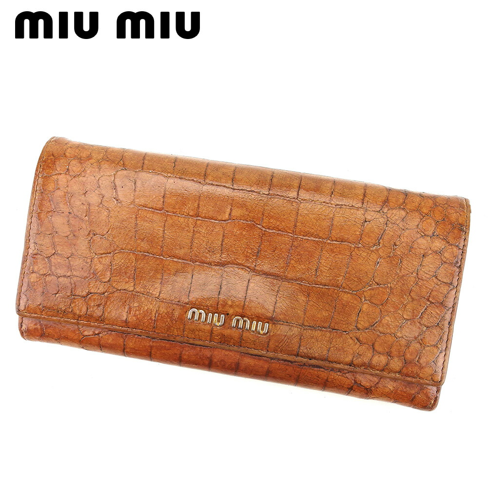 【お買い物マラソン★30％OFFクーポン】ミュウミュウ MIUMIU 長財布 クロコダイル型押し ブラウン メンズ 中古 ブランド ハイブランド ヴィンテージ