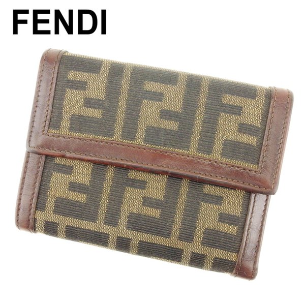 【お買い出しマラソン★30％OFF引き換え証】フェンディ FENDI 三つ折り札入れ ズッカ 赤銅色 黒いこと ベージュ メンズ 中古 ブランド名 ご機嫌ブランド名 ヴィンテージ レディース財布-財布・ケース