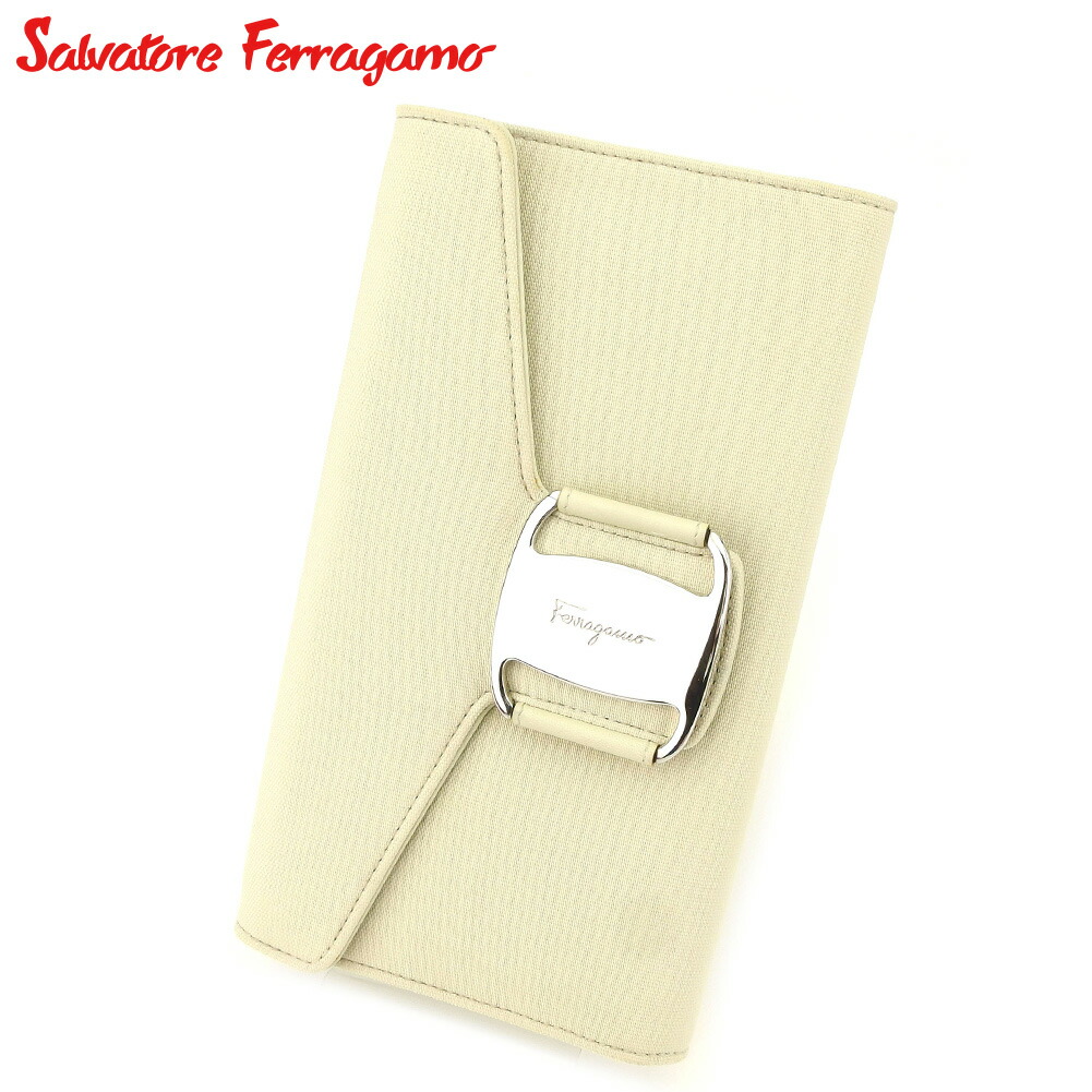 【土日BIG SALE★27％OFF引き換え証】サルヴァトーレフェラガモ Salvatore Ferragamo 長紙入れ ヴァラ ベージュ しろがね色 メンズ 中古 ブランド名 ご機嫌ブランド名 ヴィンテージ