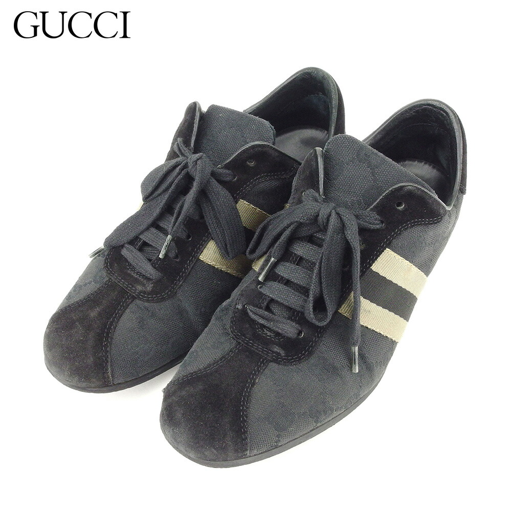 【お買い物マラソン★30％OFFクーポン】グッチ GUCCI スニーカー ＧＧキャンバス ♯36 ローカット ウェビングライン ブラック ベージュ メンズ 中古 ブランド ハイブランド ヴィンテージ