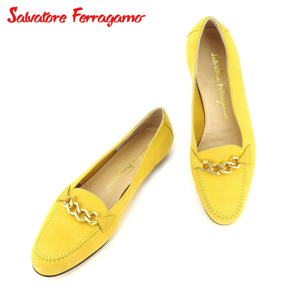 【お買い物マラソン★30％OFFクーポン】サルヴァトーレフェラガモ Salvatore Ferragamo パンプス チェーントゥ ♯5C ローファー イエロー ゴールド ブラック メンズ 中古 ブランド ハイブランド ヴィンテージ｜ブランドデポ