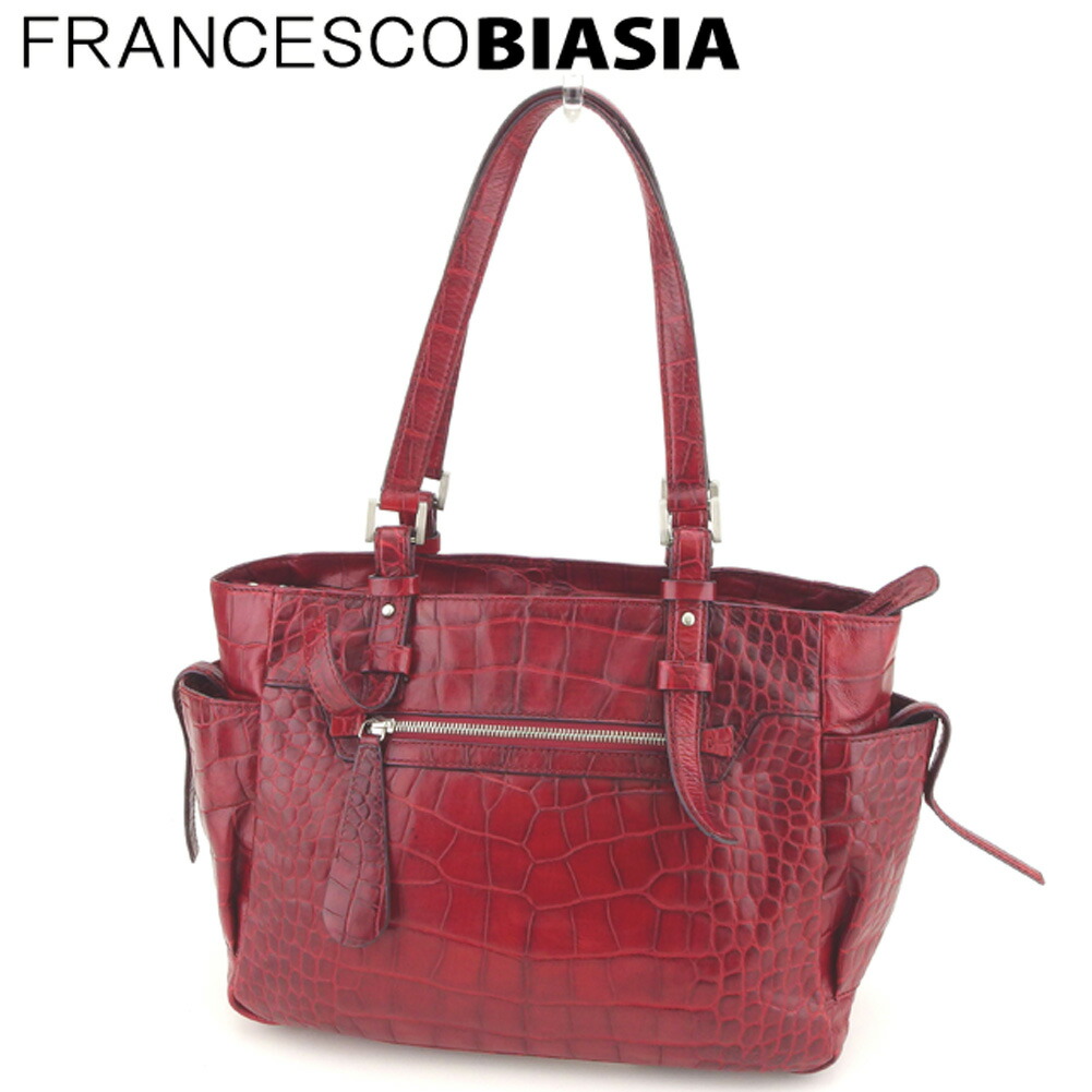 【お買い出しマラソン★30％OFFクーポン券】フランチェスコ・ビアジア FRANCESCO BIASIA トートバッグ クロコダイル型押し 赤いこと メンズ 中古 ブランド名 ご機嫌ブランド名 ヴィンテージ トートバッグ-レディースバッグ