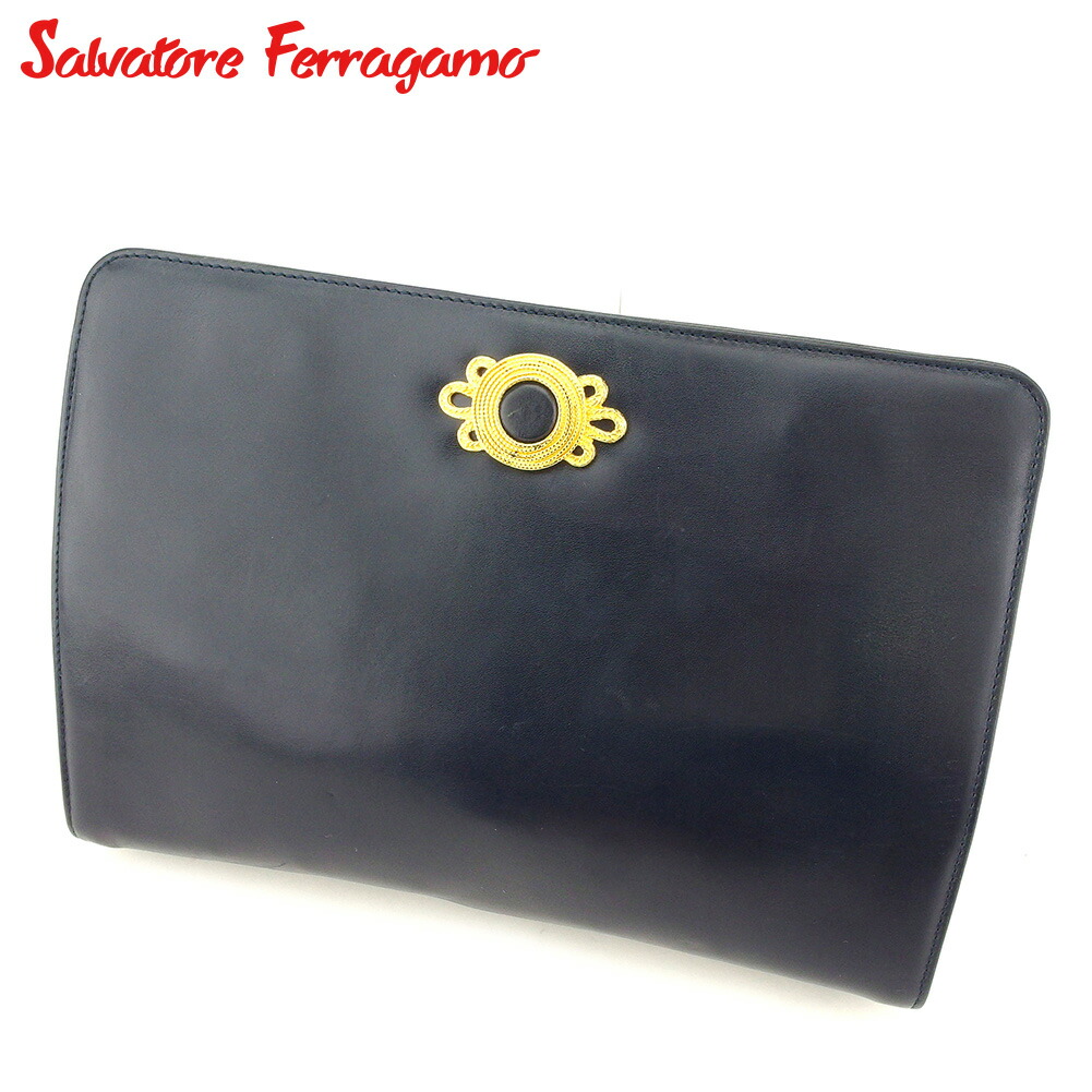 【お買い物マラソン★30％OFFクーポン】サルヴァトーレフェラガモ Salvatore Ferragamo クラッチバッグ ゴールドモチーフ ネイビー ゴールド メンズ 中古 ブランド ハイブランド ヴィンテージ