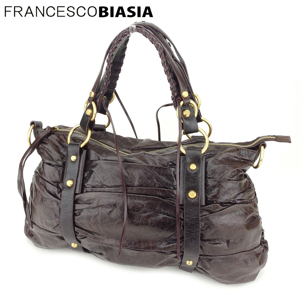 【決算前SALE★50％OFFクーポン】フランチェスコ・ビアジア FRANCESCO BIASIA トートバッグ シャーリング ブラウン ゴールド メンズ 中古 ブランド ハイブランド ヴィンテージ