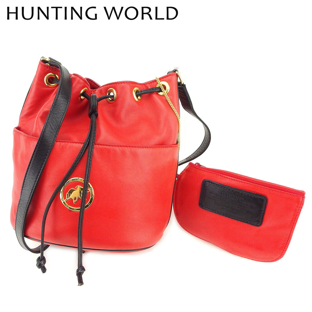 【お買い物マラソン★30％OFFクーポン】ハンティングワールド HUNTING WORLD ショルダーバッグ エレファントマーク レッド　ブラック メンズ 中古 ブランド ハイブランド ヴィンテージ｜ブランドデポ