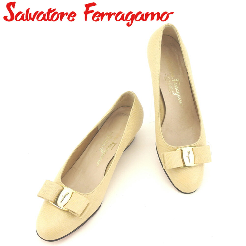 【百貨店SALE★最大限度50％OFF】サルヴァトーレフェラガモ Salvatore Ferragamo パンプス ヴァラリボン ♯5二分の一B 蜥蜴調 ベージュ ゴールド メンズ 中古 ブランド名 御機嫌ブランド名 ヴィンテージ