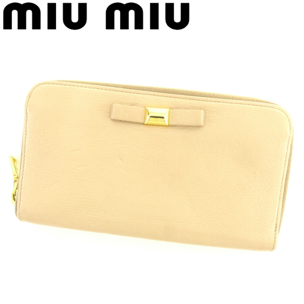 【百貨店SALE★最大限度50％OFF】ミュウミュウ MIUMIU 長紙入れ シュロの葉主題 サクラ色 ベージュ ゴールド レディース 中古 ブランド名 ご機嫌ブランド名 ヴィンテージ
