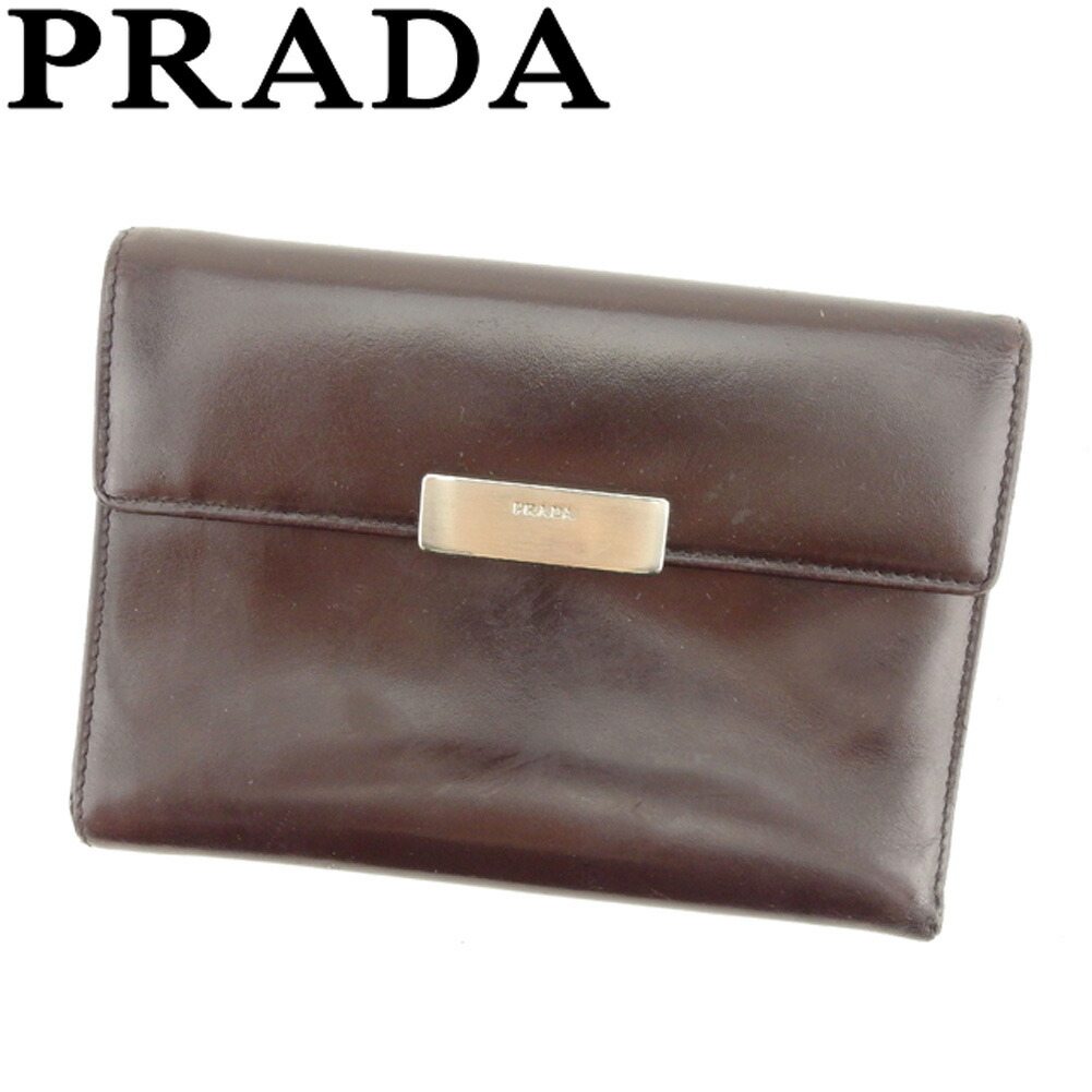 【Fashion Special Fair★24％OFFクーポン】プラダ PRADA 三つ折り財布 ロゴプレート ブラウン シルバー メンズ 中古 ブランド ハイブランド ヴィンテージ