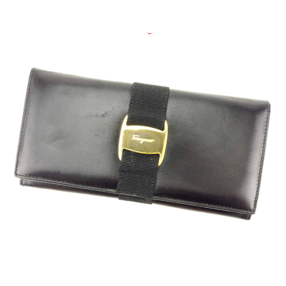 【お買い出しマラソン★30％OFF引き換え証】サルヴァトーレフェラガモ Salvatore Ferragamo 長札入れ ヴァラ 黒いこと ゴールド レディース 中古 ブランド名 ご機嫌ブランド名 ヴィンテージ 財布・ケース-バッグ・小物・ブランド雑貨-レディース財布