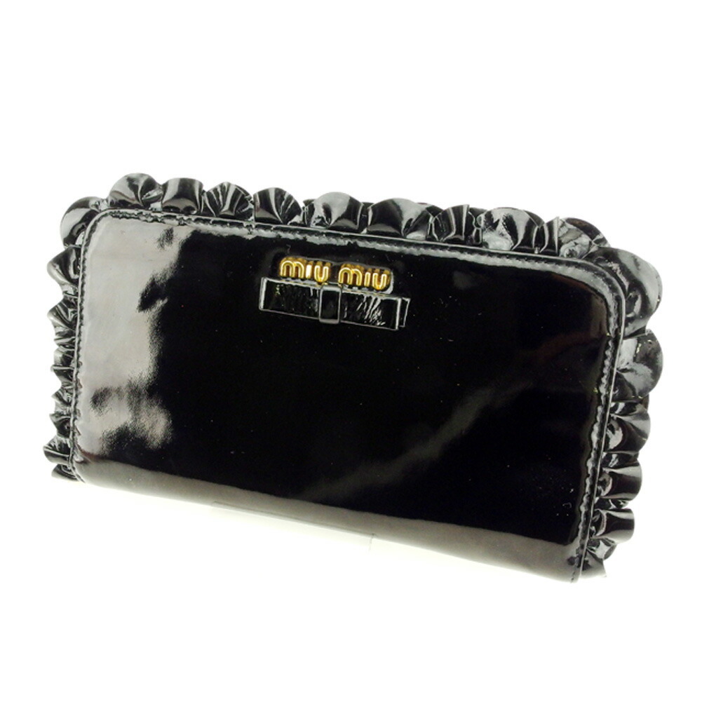 【新生活応援★29％OFFクーポン】ミュウミュウ MIUMIU 長財布 フリル リボン ブラック ゴールド レディース 中古 ブランド ハイブランド ヴィンテージ
