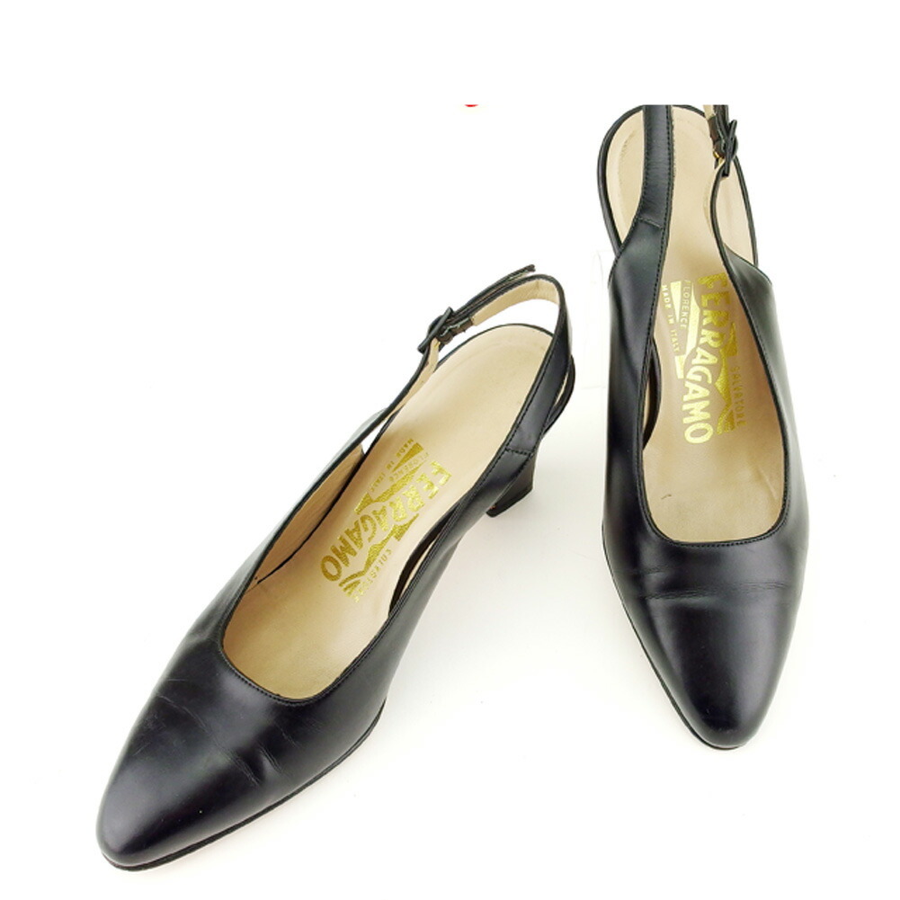 【お買い物マラソン★30％OFFクーポン】サルヴァトーレフェラガモ Salvatore Ferragamo パンプス スリングバック ♯5C スタックヒール ブラック ゴールド レディース 中古 ブランド ハイブランド ヴィンテージ