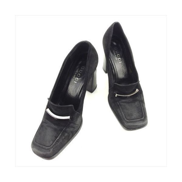 【お買い物マラソン★30％OFFクーポン】グッチ GUCCI パンプス ロゴプレート ♯35ハーフC チャンキーヒール ブラック シルバー レディース 中古 ブランド ハイブランド ヴィンテージ｜ブランドデポ