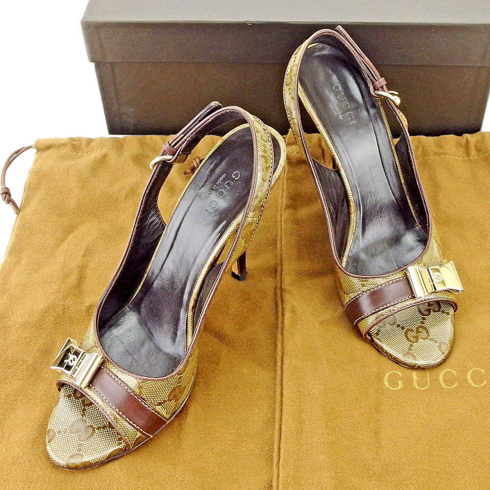 【お買い物マラソン★30%OFFクーポン】グッチ GUCCI パンプス クリスタルGG ♯36C リボンプレート ベージュ ブラウン ゴールド レディース 中古 ブランド ハイブランド ヴィンテージ|ブランドデポ