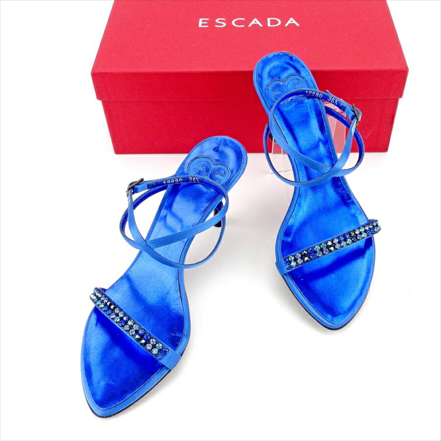 【お買い物マラソン★30％OFFクーポン】エスカーダ ESCADA サンダル ラインストーン ♯36ハーフ アンクルストラップ ブルー ブラック レディース 中古 ブランド ハイブランド ヴィンテージ