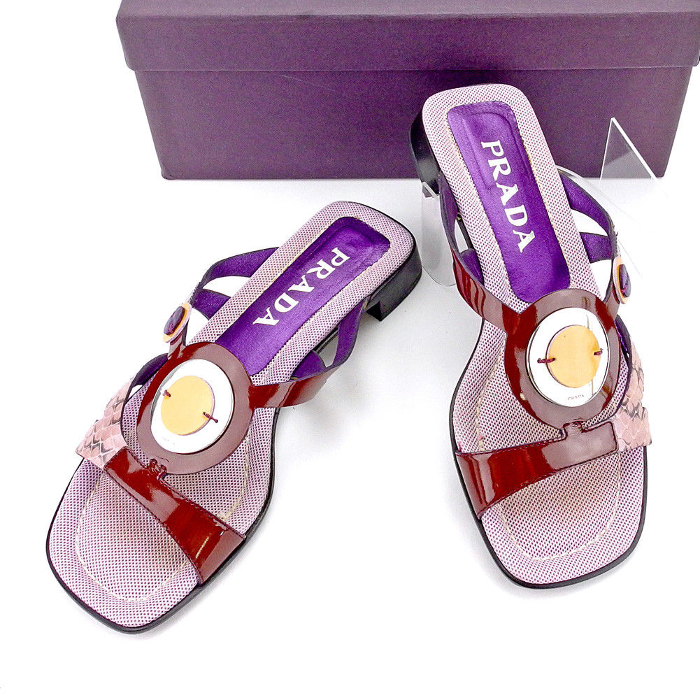 【お買い物マラソン★30％OFFクーポン】プラダ PRADA サンダル ロゴプレート ♯35ハーフ 異素材切替え パープル×ブラウン×シルバー系 レディース 中古 ブランド ハイブランド ヴィンテージ