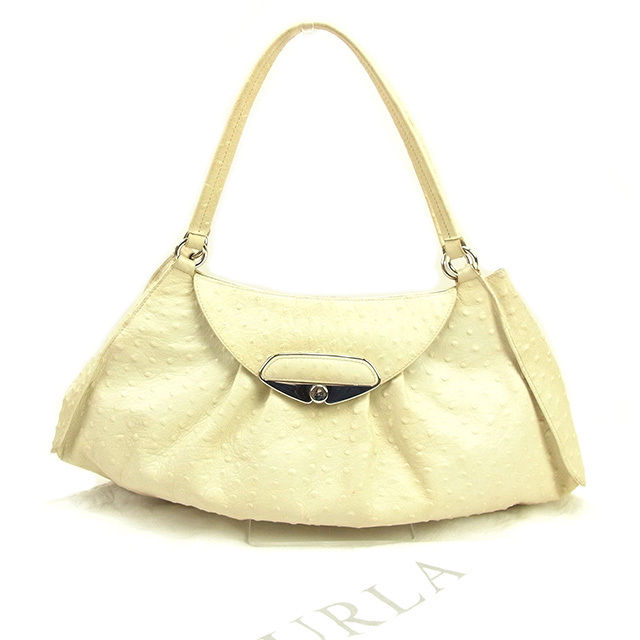【雨季得SALE★21％OFFクーポン券】フルラ Furla ショルダーバッグ 駝鳥調 ベージュ×しろがね色 レディース 中古 ブランド名 ご機嫌ブランド名 ヴィンテージ