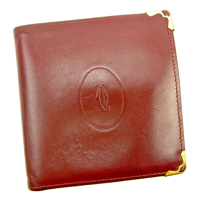 【お買い物マラソン★30％OFFクーポン】カルティエ CARTIER 二つ折り財布 マストライン ボルドー×ゴールド レディース 中古 ブランド ハイブランド ヴィンテージ
