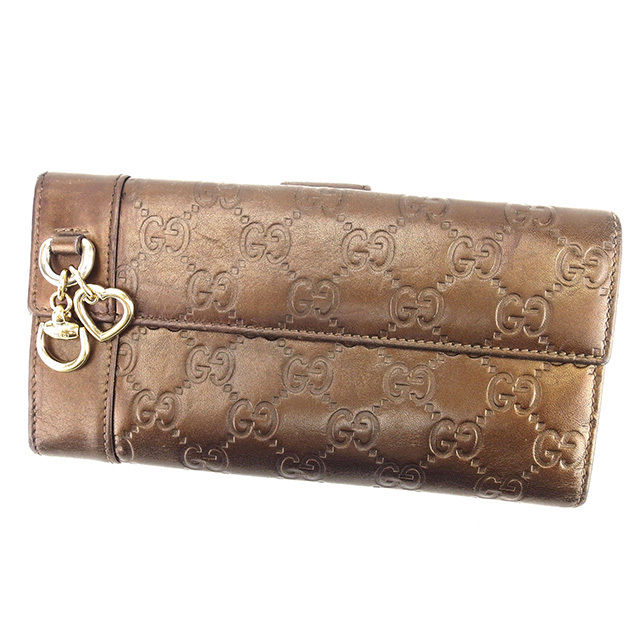 【お買い出しマラソン★30％OFF引き換え証】グッチ GUCCI 長札入れ グッチシマ ハート形惹き付ける付き添い人 メタリックブラウン×ゴールド レディース 中古 ブランド名 ご機嫌ブランド名 ヴィンテージ 財布・ケース-バッグ・小物・ブランド雑貨-レディース財布