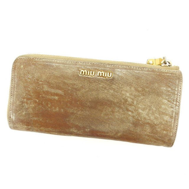 【新生活応援★29％OFFクーポン】ミュウミュウ MIUMIU 長財布 スタッズ ブラウン×ゴールド レディース 中古 ブランド ハイブランド ヴィンテージ