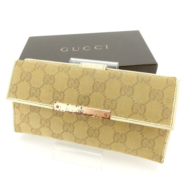 【新生活応援★29％OFFクーポン】グッチ GUCCI 長財布 GGキャンバス ベージュ×ピンクゴールド系 レディース 中古 ブランド ハイブランド ヴィンテージ
