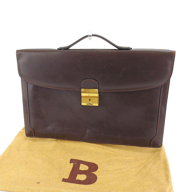【Fashion Special Fair★24％OFFクーポン】バリー BALLY ビジネスバッグ ロゴプレート ブラウン×ゴールド レディース 中古 ブランド ハイブランド ヴィンテージ