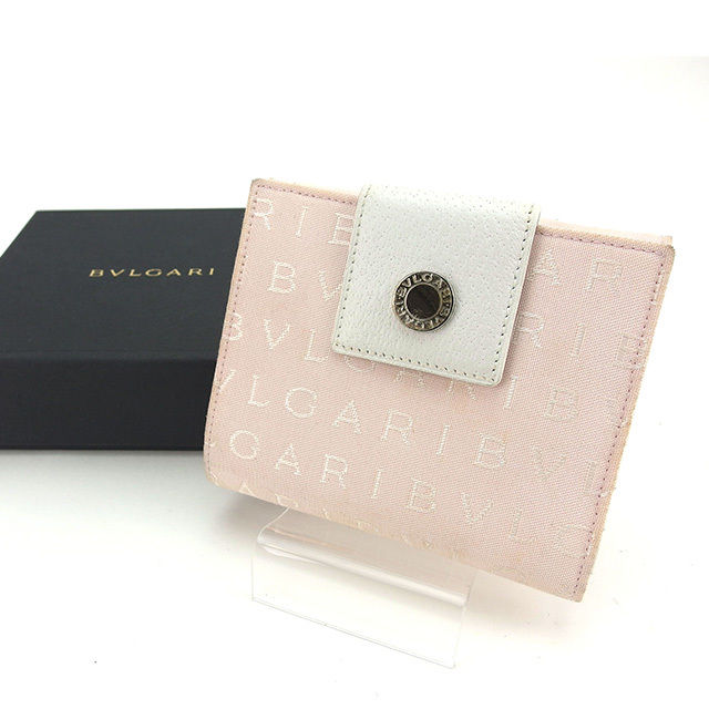 【土日BIG SALE★27％OFF引き換え証】ブル小峡谷 BVLGARI 二つ折り紙入れ ロゴタイプ愛好者 ともし火さくら色×白いこと×しろがね色 レディース 中古 ブランド名 ご機嫌ブランド名 ヴィンテージ