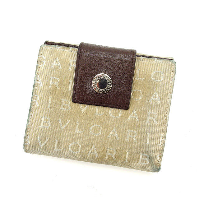 【新生活応援★29％OFFクーポン】ブルガリ BVLGARI 二つ折り財布 ロゴマニア ベージュ×ブラウン×シルバー レディース 中古 ブランド ハイブランド ヴィンテージ
