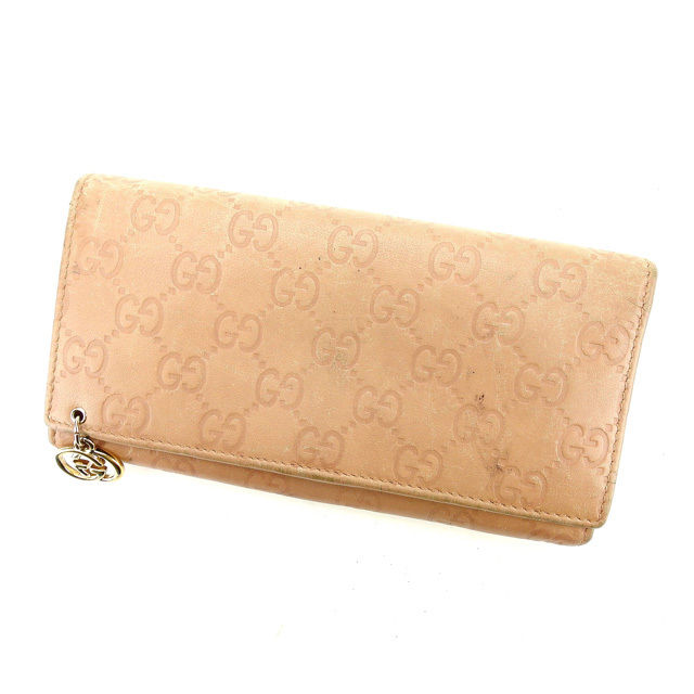 【お買い物マラソン★30％OFFクーポン】グッチ GUCCI 長財布 グッチシマ ダブルGチャーム付き ピンクベージュ×ゴールド レディース 中古 ブランド ハイブランド ヴィンテージ