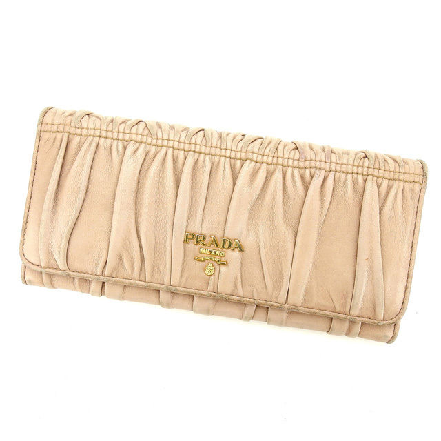 【お買い物マラソン★30％OFFクーポン】プラダ PRADA 長財布 ギャザー ベージュ&times;ゴールド レディース 中古 ブランド ハイブランド ヴィンテージ｜ブランドデポ