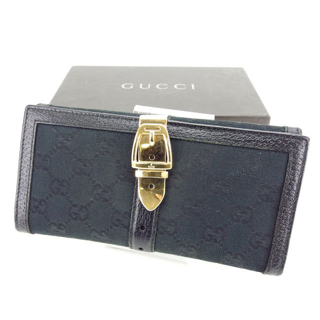 【新生活応援★29％OFFクーポン】グッチ GUCCI 二つ折り財布 ＧＧキャンバス ブラック×ゴールド レディース 中古 ブランド ハイブランド ヴィンテージ