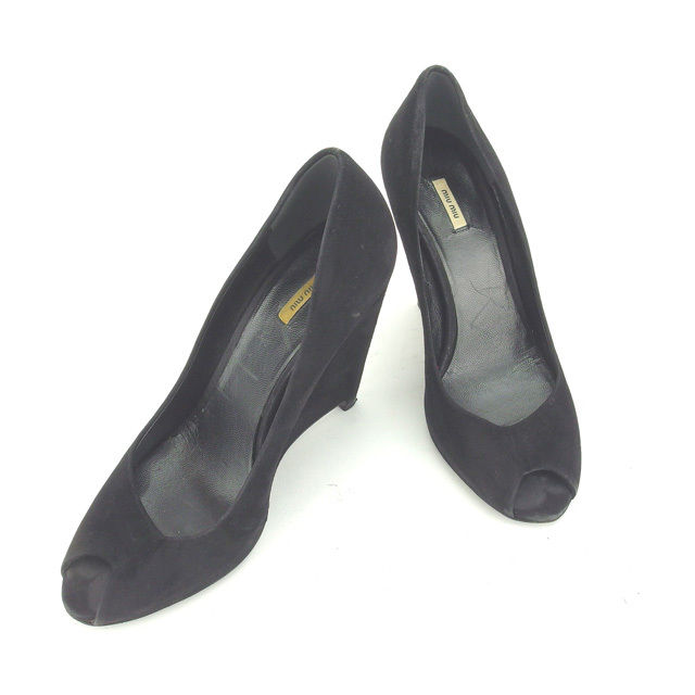 【新生活応援★29％OFFクーポン】ミュウミュウ MIUMIU パンプス オープントゥ ♯35 ウエッジソール ブラック レディース 中古 ブランド ハイブランド ヴィンテージ