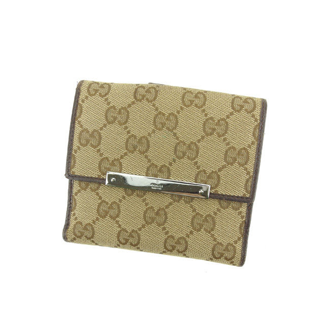 【お買い物マラソン★30％OFFクーポン】グッチ GUCCI 二つ折り財布 ＧＧキャンバス ロゴプレート付き ベージュ×ブラウン×シルバー レディース 中古 ブランド ハイブランド ヴィンテージ 13,617円