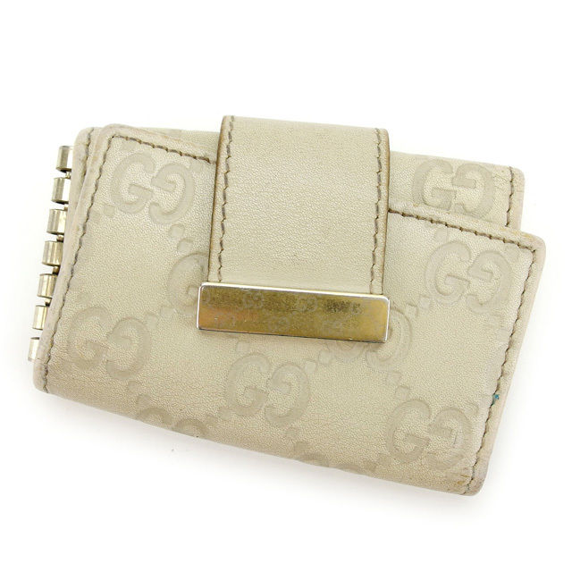 【お買い物マラソン★30％OFFクーポン】グッチ GUCCI キーケース グッチシマ GG柄プレート付き ベージュ×ゴールド レディース 中古 ブランド ハイブランド ヴィンテージ