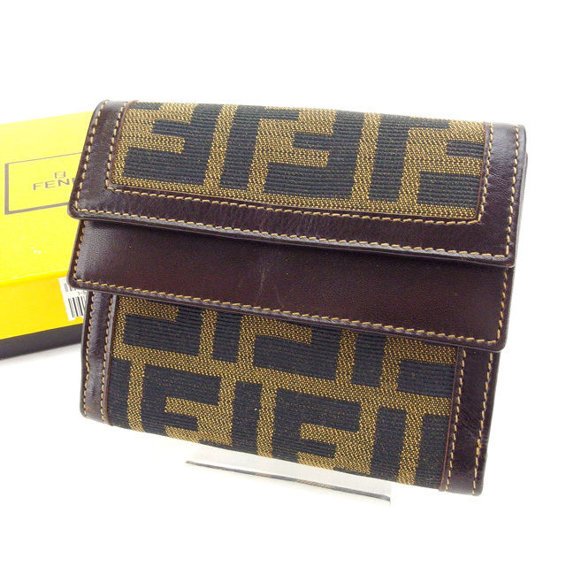 【雨季得SALE★21％OFFクーポン券】フェンディ FENDI 三つ折り紙入れ ズッカ W下げ翼 カーキ×黒いこと×赤銅色 レディース 中古 ブランド名 ご機嫌ブランド名 ヴィンテージ