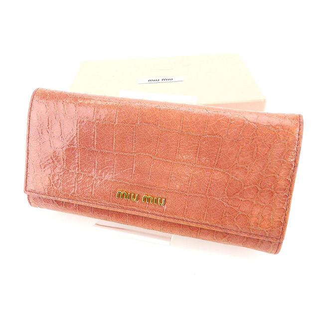 【月代わりの人大売り出し★29％OFFクーポン券】ミュウミュウ MIUMIU 長紙入れ クロコダイル調 ロゴタイプ入り口・入口 サクラ色×ゴールド レディース 中古 ブランド名 ご機嫌ブランド名 ヴィンテージ
