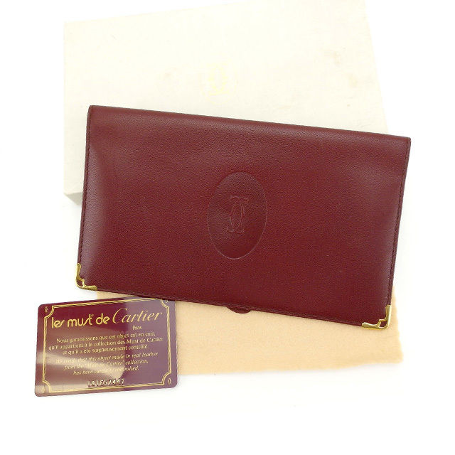 【Fashion Special Fair★24％OFFクーポン】カルティエ CARTIER 札入れ マストライン 角プレート付き ボルドー×ゴールド レディース 中古 ブランド ハイブランド ヴィンテージ