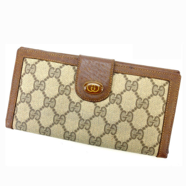 【お買い物マラソン★30％OFFクーポン】グッチ GUCCI 長財布 ＧＧキャンバス ブラウン×ベージュ レディース 中古 ブランド ハイブランド ヴィンテージ