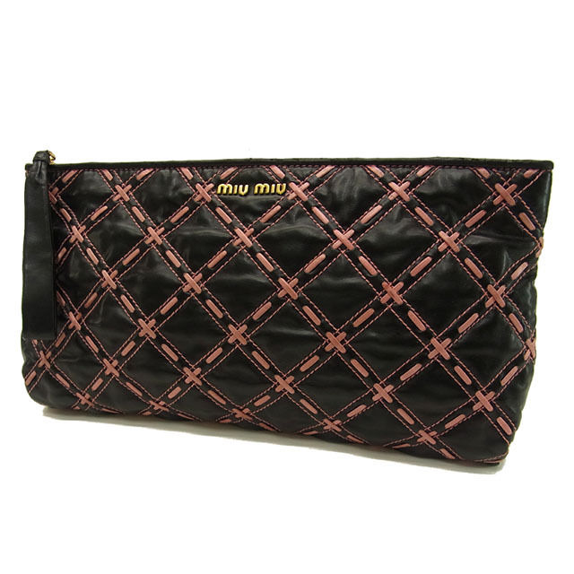 【雨季得SALE★21％OFF引き換え証】ミュウミュウ MIUMIU クラッチペダル御徒面子 キルティング編み目 ロゴタイプ入り口・入口 同盟罷工さあ美付き添い人 黒いこと×サクラ色×ゴールド レディース 中古 ブランド名 御機嫌ブランド名 ヴィンテージ