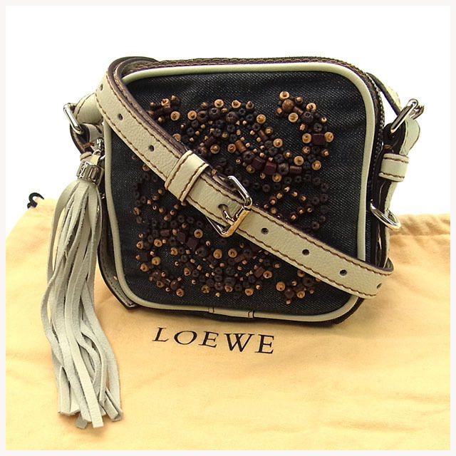 【百貨店SALE★最大限度50％OFF】ロエベ LOEWE ショルダーバッグ ウッドビーズアナグラム フリンジチャーム付き添い人 米国海軍×白いこと系 レディース 中古 ブランド名 ご機嫌ブランド名 ヴィンテージ
