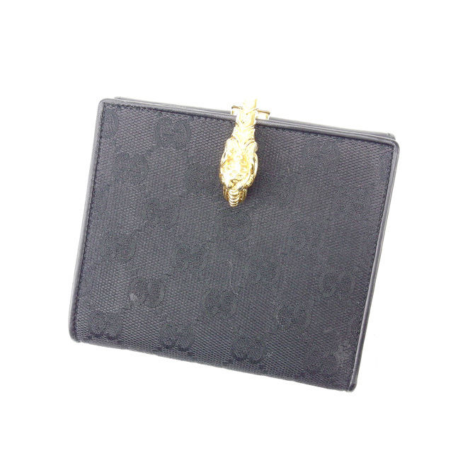 【お買い出しマラソン★30％OFFクーポン券】グッチ GUCCI 二つ折りがま口 ＧＧ帆布 黒いこと×ゴールド レディース 中古 ブランド名 ご機嫌ブランド名 ヴィンテージ 財布・ケース-バッグ・小物・ブランド雑貨-レディース財布