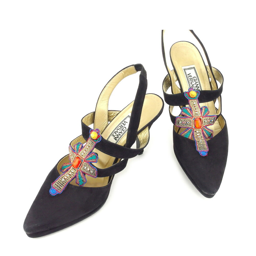 【新生活応援★29％OFFクーポン】ジャンニ・ヴェルサーチ Gianni Versace パンプス ラインストーン #36ハーフ ブラック レディース 中古 ブランド ハイブランド ヴィンテージ