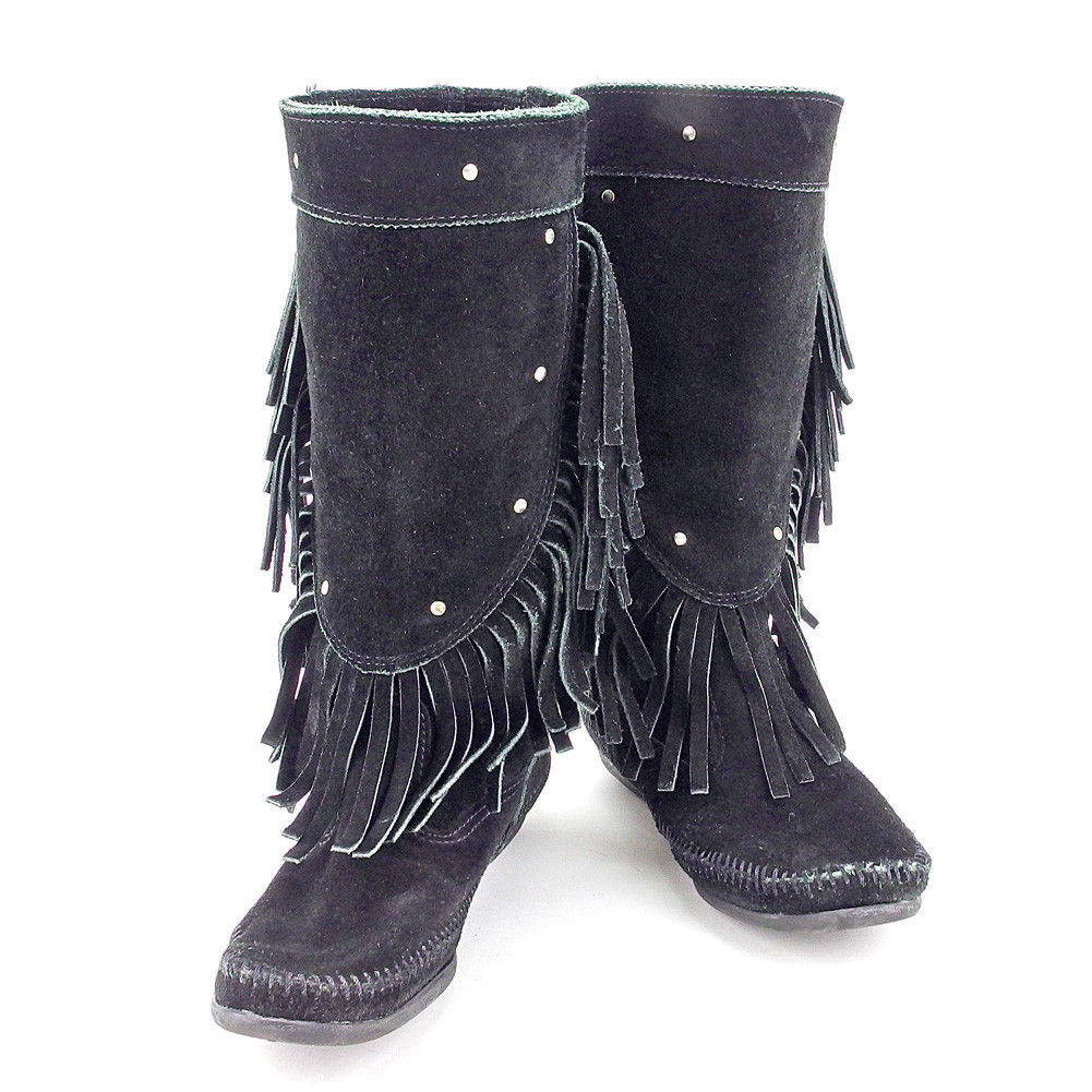 【Fashion Special Fair★24％OFFクーポン】ミネトンカ Minnetonka ブーツ フリンジ スタッズ ミドル丈 ブラック×シルバー レディース 中古 ブランド ハイブランド ヴィンテージ