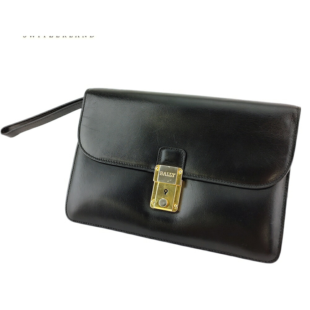 【お買い物マラソン★30％OFFクーポン】バリー クラッチバッグ ロゴプレート ブラック ゴールド レザー 中古 BALLY ブランド ハイブランド ヴィンテージ