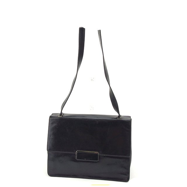 【新生活応援★29％OFFクーポン】プラダ ショルダーバッグ ロゴプレート ブラック レザー 中古 PRADA ブランド ハイブランド ヴィンテージ